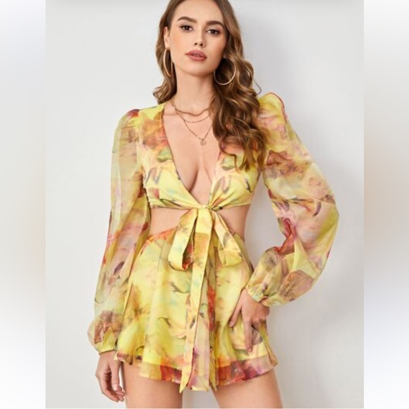 Floral Yellow Tie-Front Dress - Picture 1 of 6